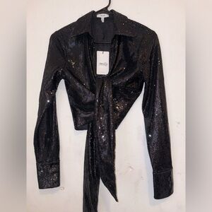 Black Sequin Tie-Front Blouse